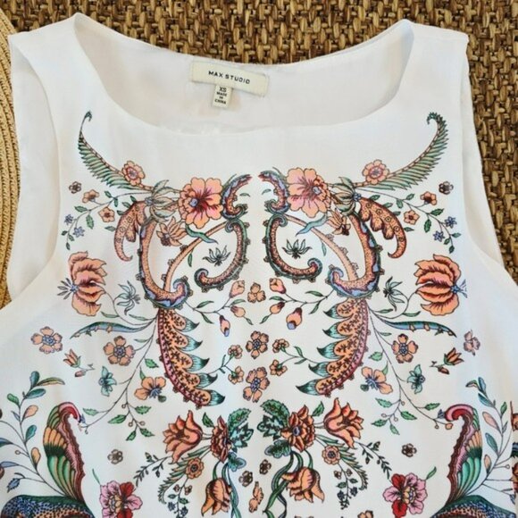 Max Studio Women's Mini Dress Size XS Relaxed Sheath White Colorful Bohemian - Picture 2 of 14